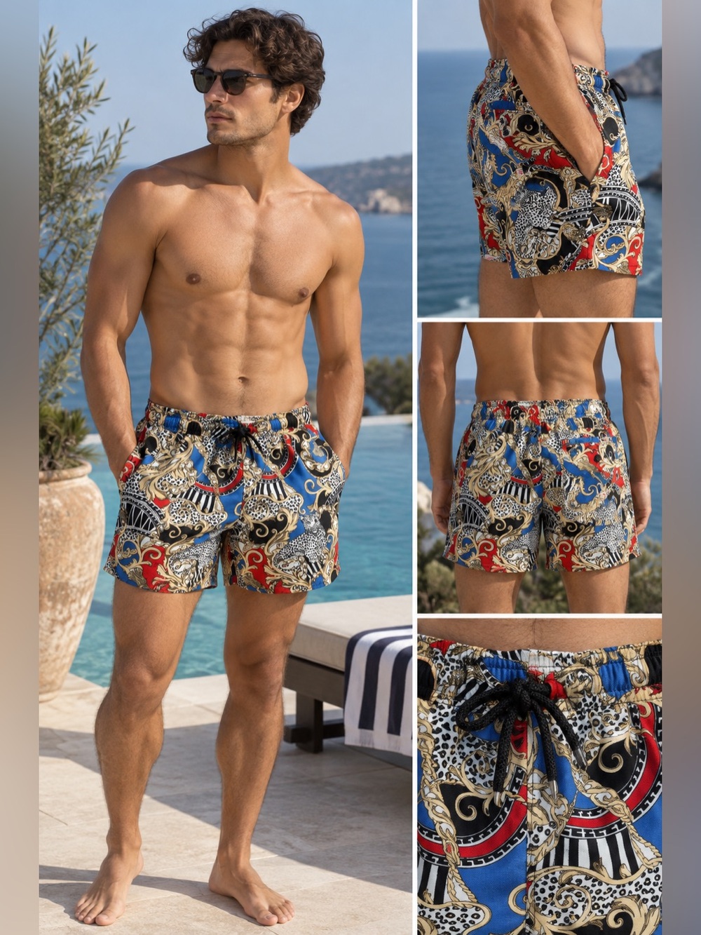 River Island Men's Baroque Print Swim Trunks Blue Red Gold Sz 32River Island Men